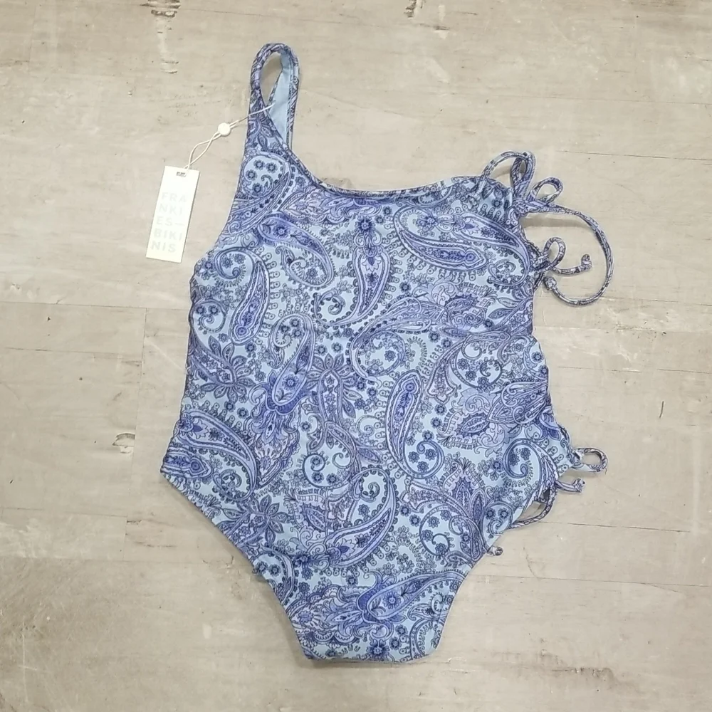 💕FRANKIE'S💕 Honey One Shoulder Cheeky Swimsuit ~ Blue Paisley L Large NWT